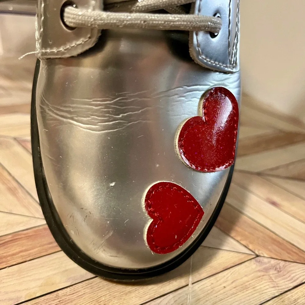 Dr Martens 1460 J Glitter Star Patent Lace Up Zip Boots Kids 3 Silver Red Hearts